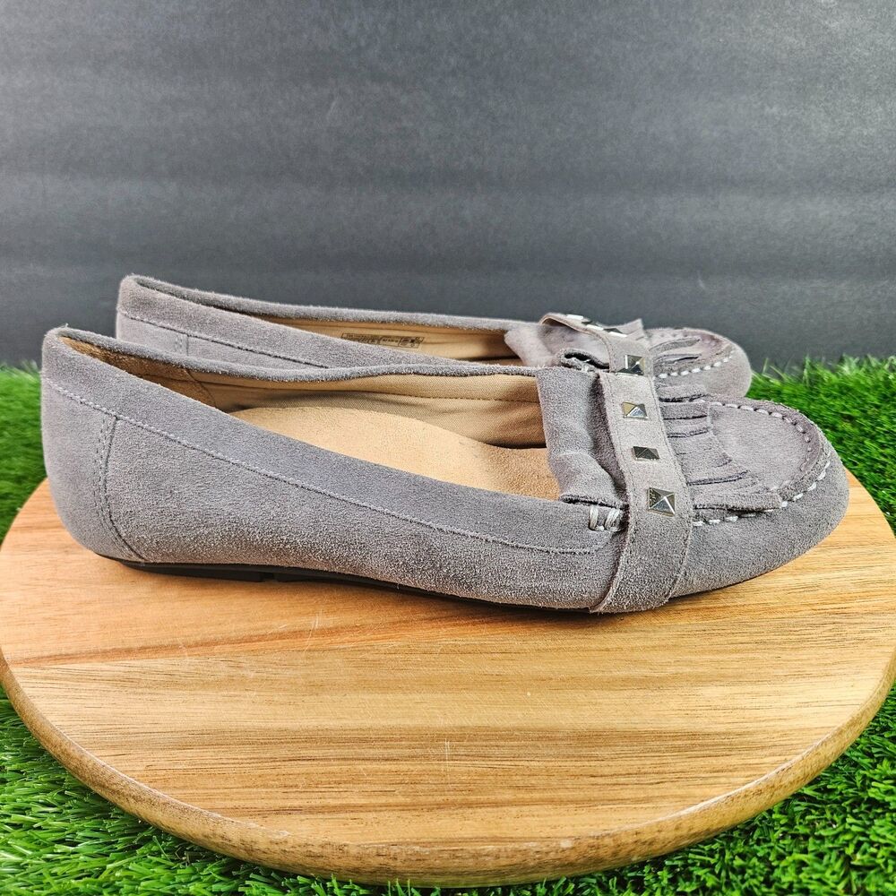 Vionic Orthaheel Thera Gray Silver Studded Kiltie Fringe Moccasin Loafers Size 9